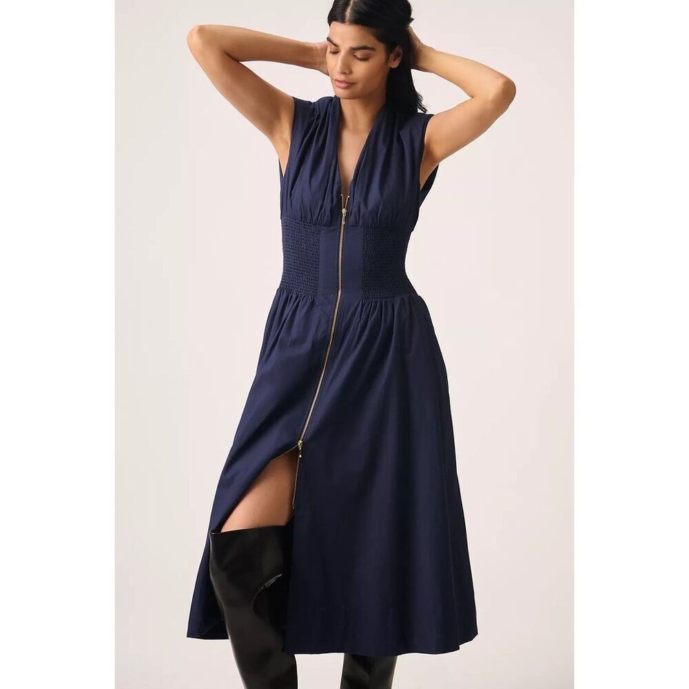 Anthropologie The Tommie Zip-Front Midi Dress Maeve Navy Small NWT - Picture 3 of 10